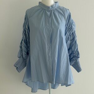 Light Blue Button-Front Blouse with Ruched Balloon Sleeves